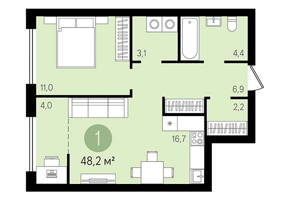 1-комнатная квартира 48,20 м² в Квартал Никитина. Планировка