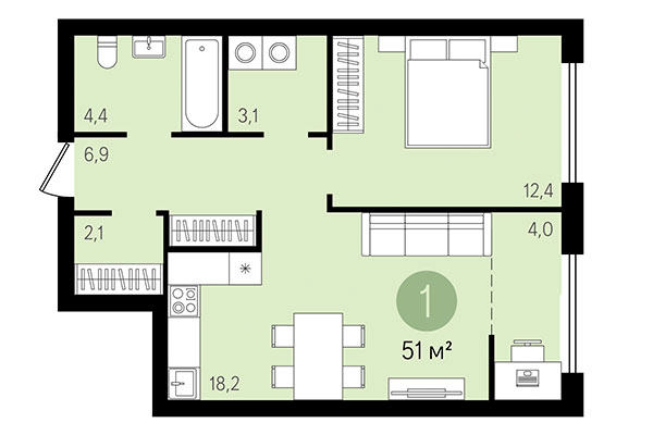 1-комнатная квартира 51,00 м² в Квартал Никитина. Планировка