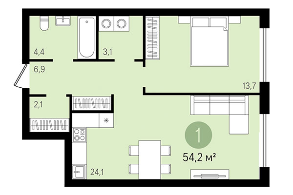 1-комнатная квартира 54,20 м² в Квартал Никитина. Планировка