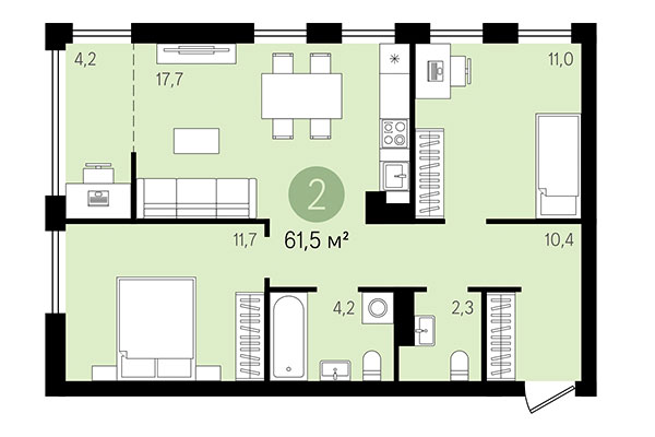 2-комнатная квартира 61,50 м² в Квартал Никитина. Планировка