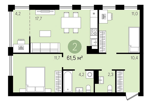 2-комнатная квартира 61,51 м² в Квартал Никитина. Планировка