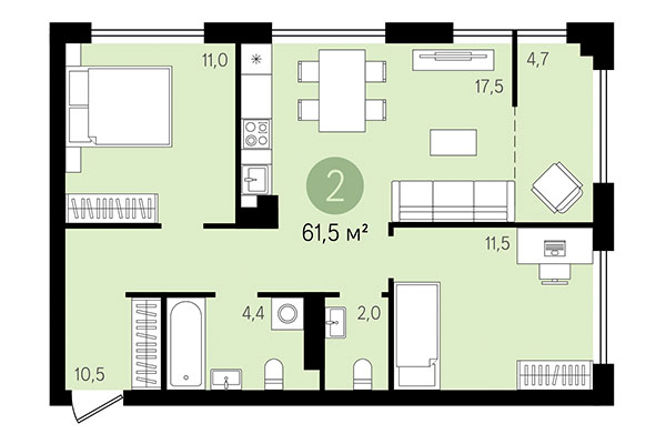 2-комнатная квартира 61,52 м² в Квартал Никитина. Планировка
