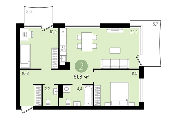 2-комнатная квартира 61,80 м² в Квартал Никитина. Планировка