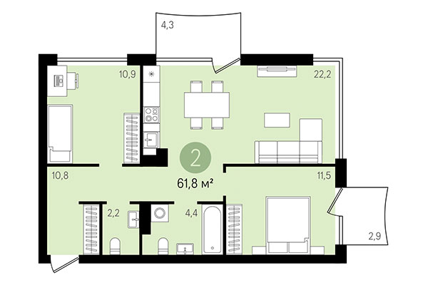 2-комнатная квартира 61,81 м² в Квартал Никитина. Планировка