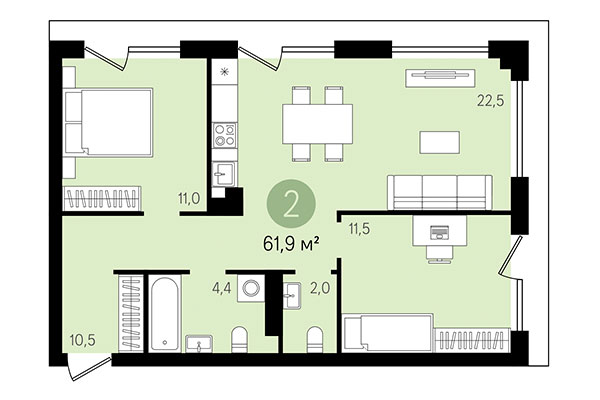 2-комнатная квартира 61,91 м² в Квартал Никитина. Планировка