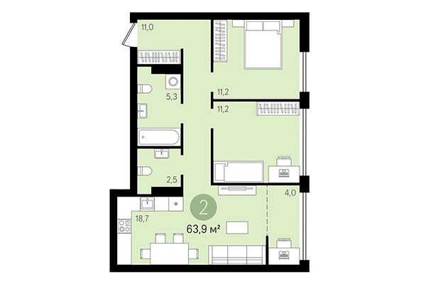 2-комнатная квартира 63,92 м² в Квартал Никитина. Планировка