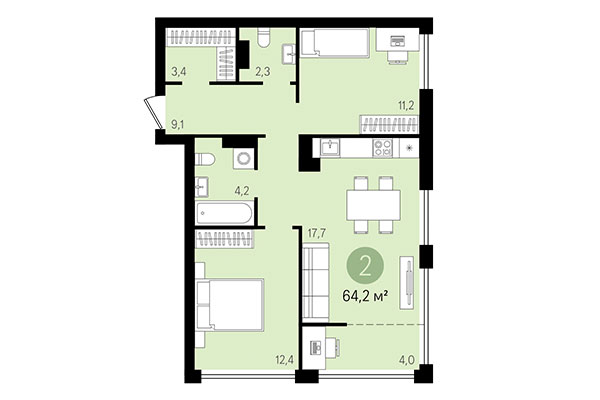 2-комнатная квартира 64,20 м² в Квартал Никитина. Планировка