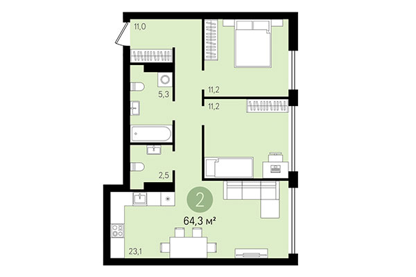 2-комнатная квартира 64,30 м² в Квартал Никитина. Планировка