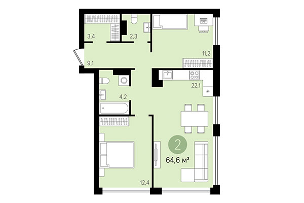 2-комнатная квартира 64,60 м² в Квартал Никитина. Планировка