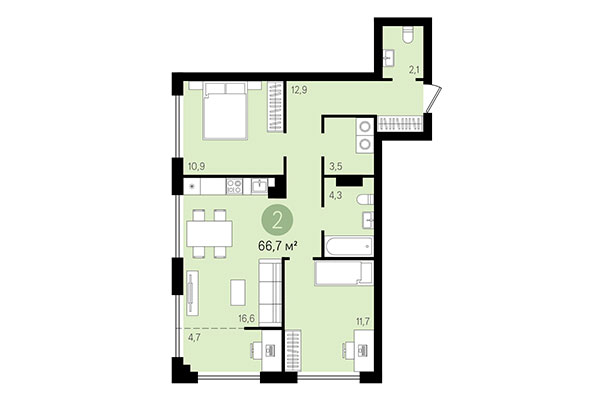 2-комнатная квартира 66,70 м² в Квартал Никитина. Планировка