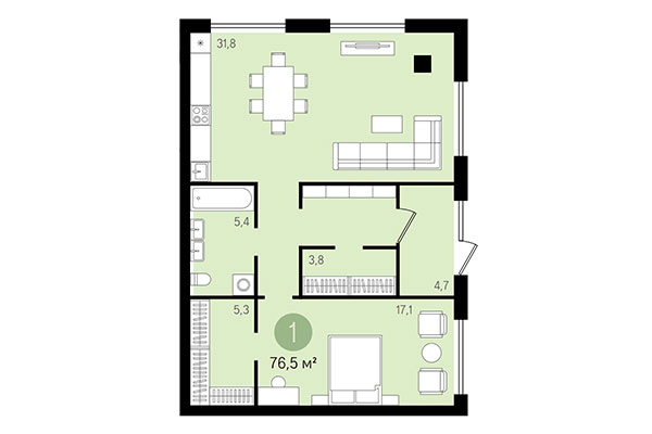 1-комнатная квартира 76,50 м² в Квартал Никитина. Планировка