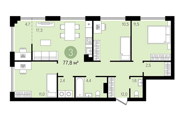 3-комнатная квартира 77,80 м² в Квартал Никитина. Планировка