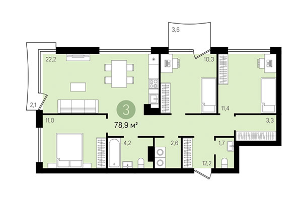 3-комнатная квартира 78,90 м² в Квартал Никитина. Планировка
