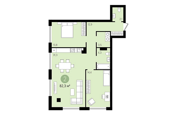 2-комнатная квартира 82,30 м² в Квартал Никитина. Планировка