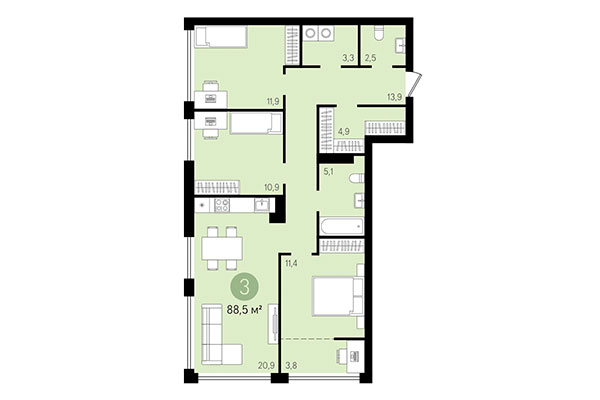 3-комнатная квартира 88,50 м² в Квартал Никитина. Планировка