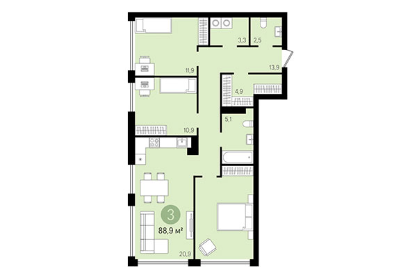 3-комнатная квартира 88,90 м² в Квартал Никитина. Планировка