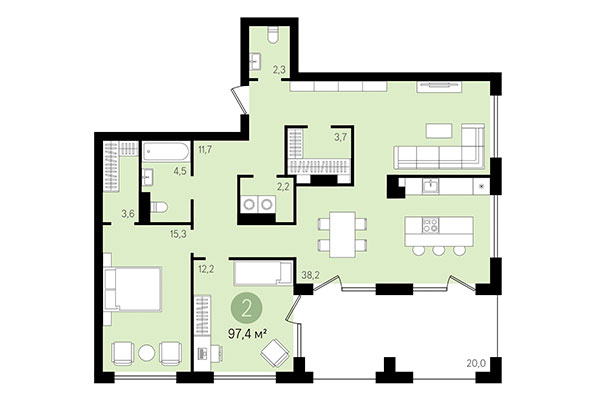 2-комнатная квартира 97,40 м² в Квартал Никитина. Планировка