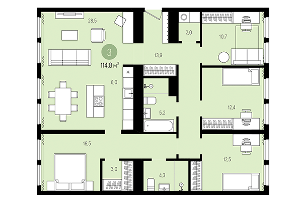 3-комнатная квартира 114,80 м² в Жилой район Пшеница. Планировка