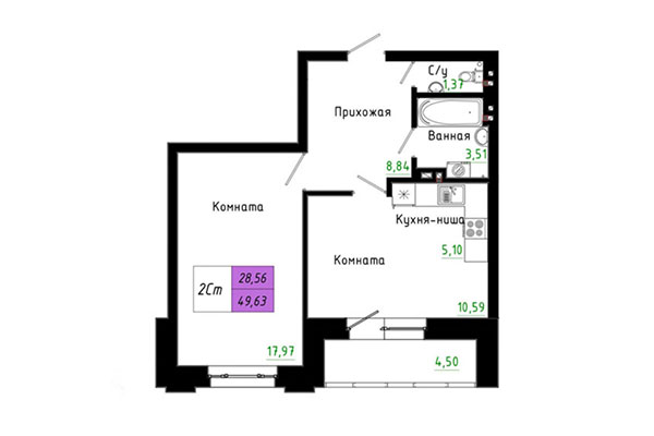 2-комнатная квартира 49,63 м² в ЖК Черёмушки на Первомайке. Планировка
