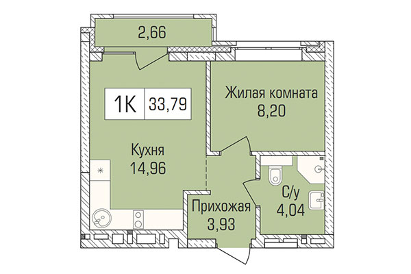 1-комнатная квартира 33,78 м² в ЖК Цивилизация. Планировка