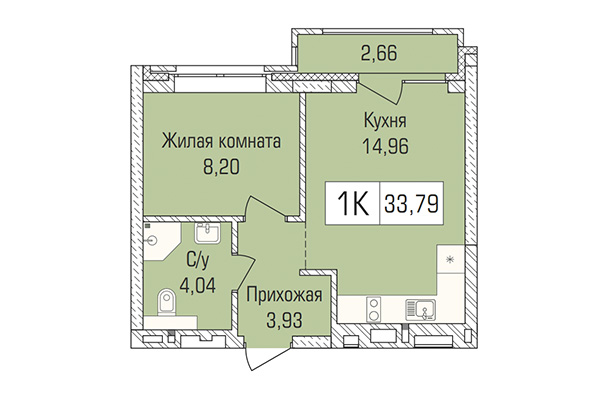 1-комнатная квартира 33,79 м² в ЖК Цивилизация. Планировка