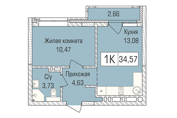 1-комнатная квартира 34,57 м² в ЖК Цивилизация. Планировка