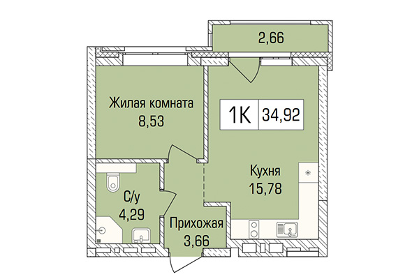 1-комнатная квартира 34,92 м² в ЖК Цивилизация. Планировка