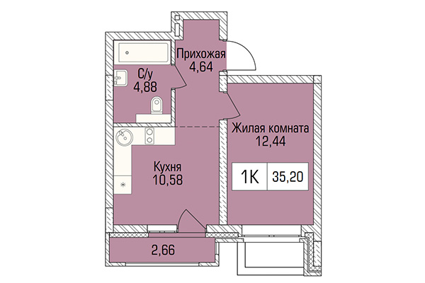 1-комнатная квартира 35,20 м² в ЖК Цивилизация. Планировка