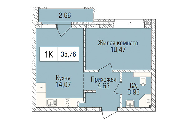 1-комнатная квартира 35,76 м² в ЖК Цивилизация. Планировка