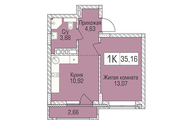 1-комнатная квартира 36,17 м² в ЖК Цивилизация. Планировка