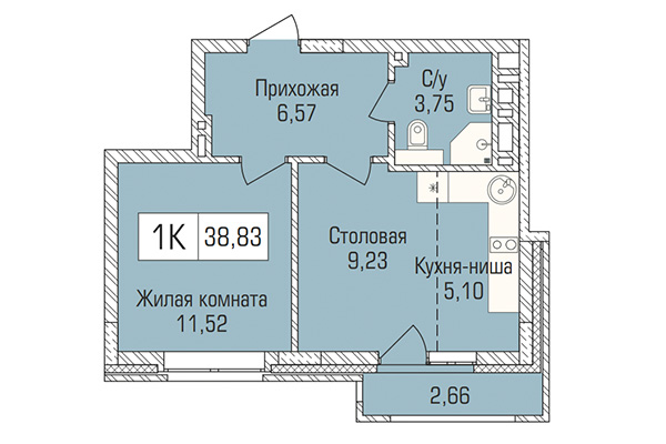 1-комнатная квартира 38,83 м² в ЖК Цивилизация. Планировка