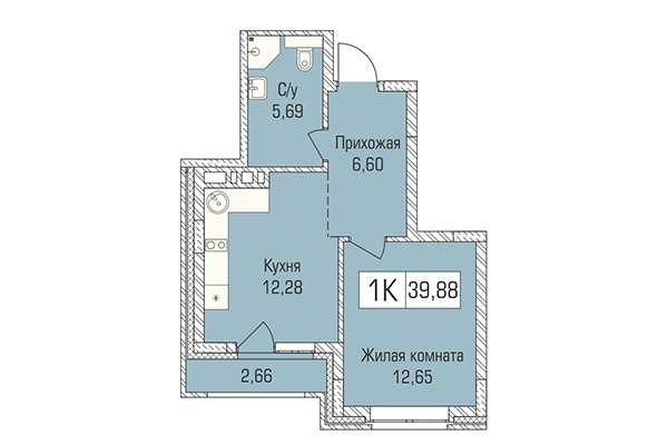 1-комнатная квартира 39,88 м² в ЖК Цивилизация. Планировка