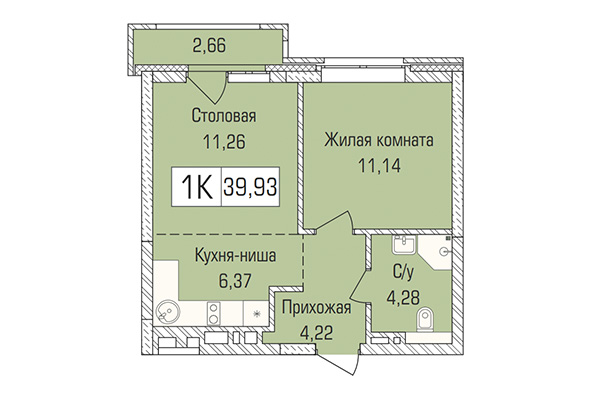 1-комнатная квартира 39,93 м² в ЖК Цивилизация. Планировка