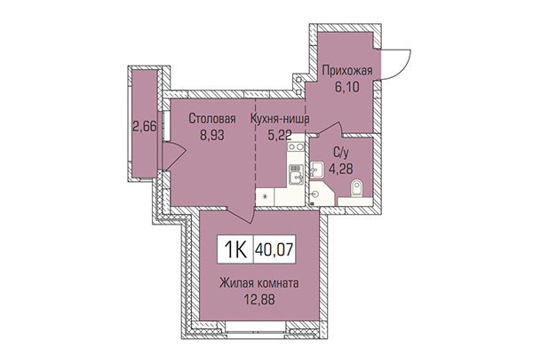 1-комнатная квартира 40,07 м² в ЖК Цивилизация. Планировка