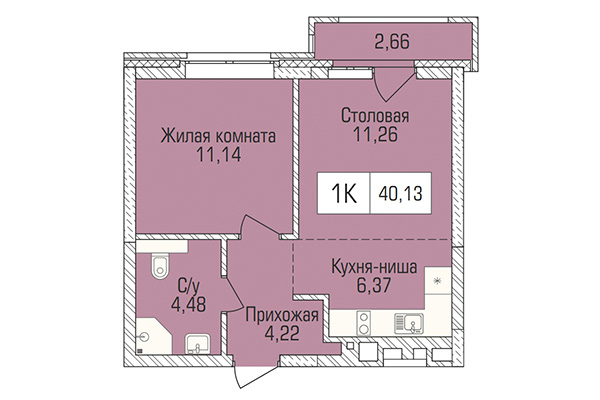 1-комнатная квартира 40,13 м² в ЖК Цивилизация. Планировка