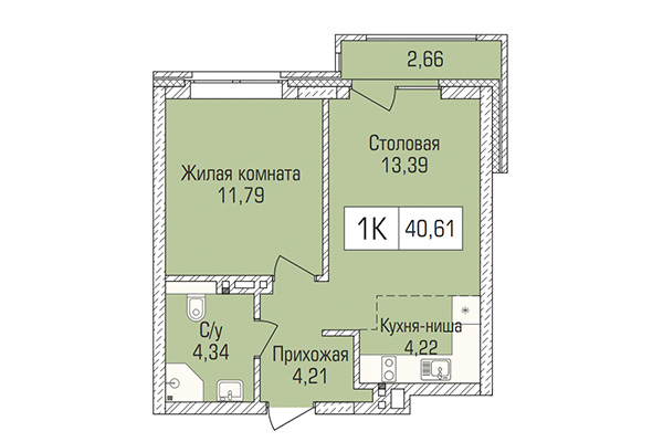 1-комнатная квартира 40,62 м² в ЖК Цивилизация. Планировка