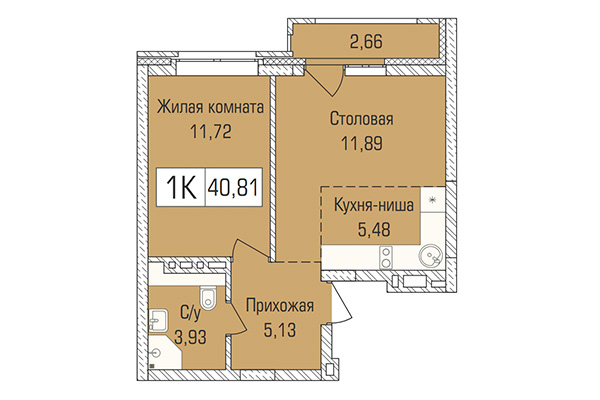 1-комнатная квартира 40,81 м² в ЖК Цивилизация. Планировка