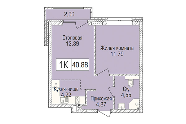 1-комнатная квартира 40,88 м² в ЖК Цивилизация. Планировка