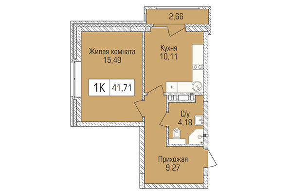 1-комнатная квартира 41,71 м² в ЖК Цивилизация. Планировка