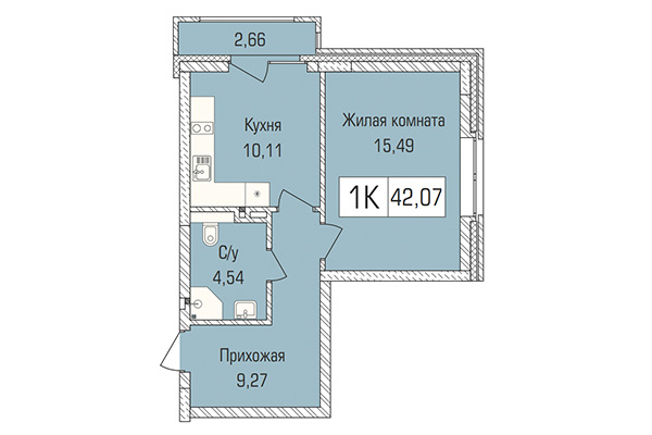 1-комнатная квартира 42,07 м² в ЖК Цивилизация. Планировка