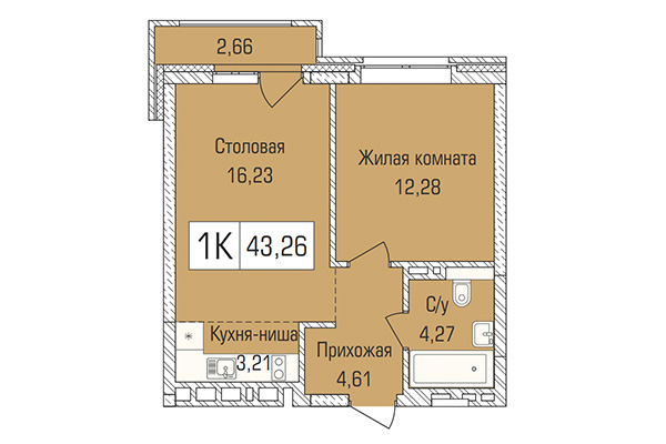 1-комнатная квартира 43,26 м² в ЖК Цивилизация. Планировка