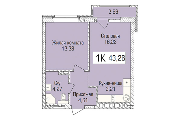 1-комнатная квартира 43,27 м² в ЖК Цивилизация. Планировка