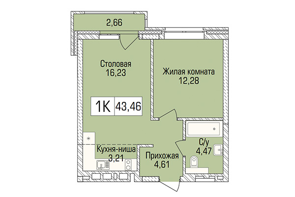 1-комнатная квартира 43,46 м² в ЖК Цивилизация. Планировка