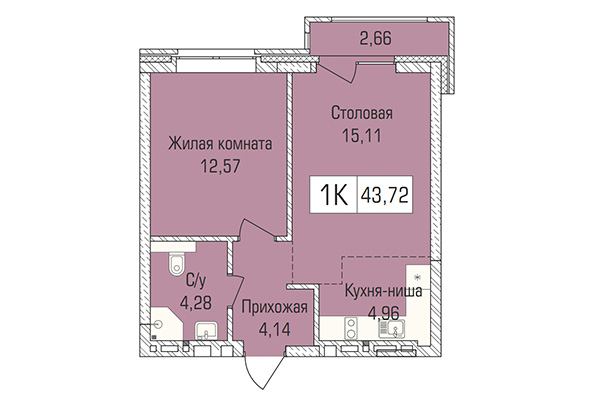 1-комнатная квартира 43,72 м² в ЖК Цивилизация. Планировка