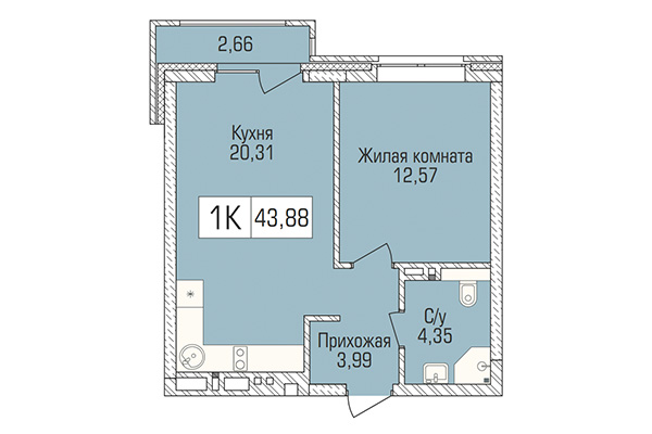 1-комнатная квартира 43,88 м² в ЖК Цивилизация. Планировка