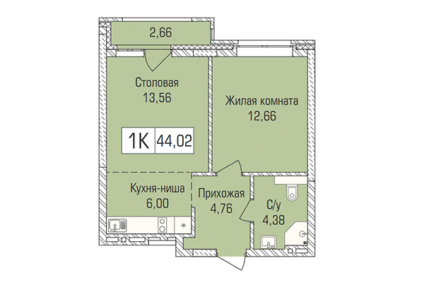 1-комнатная квартира 44,02 м² в ЖК Цивилизация. Планировка