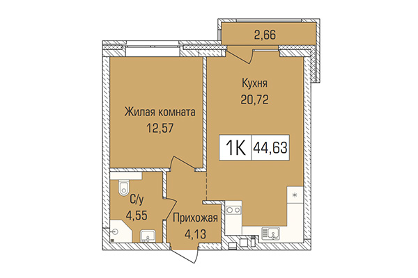 1-комнатная квартира 44,63 м² в ЖК Цивилизация. Планировка