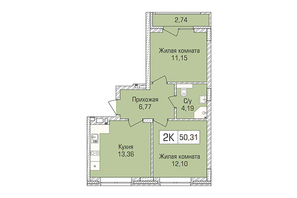2-комнатная квартира 50,31 м² в ЖК Цивилизация. Планировка