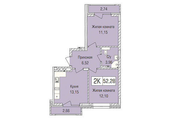 2-комнатная квартира 52,28 м² в ЖК Цивилизация. Планировка