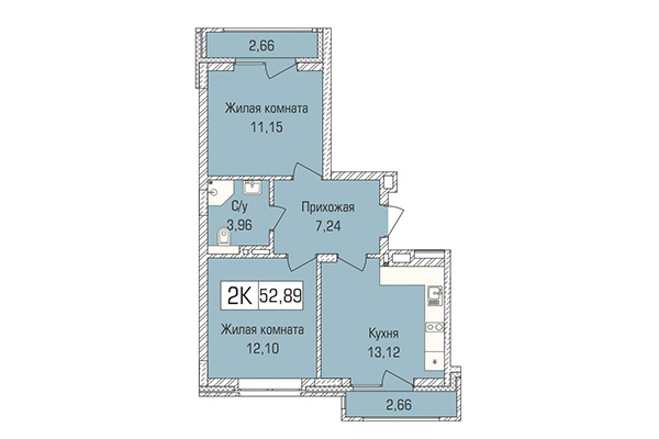 2-комнатная квартира 52,89 м² в ЖК Цивилизация. Планировка